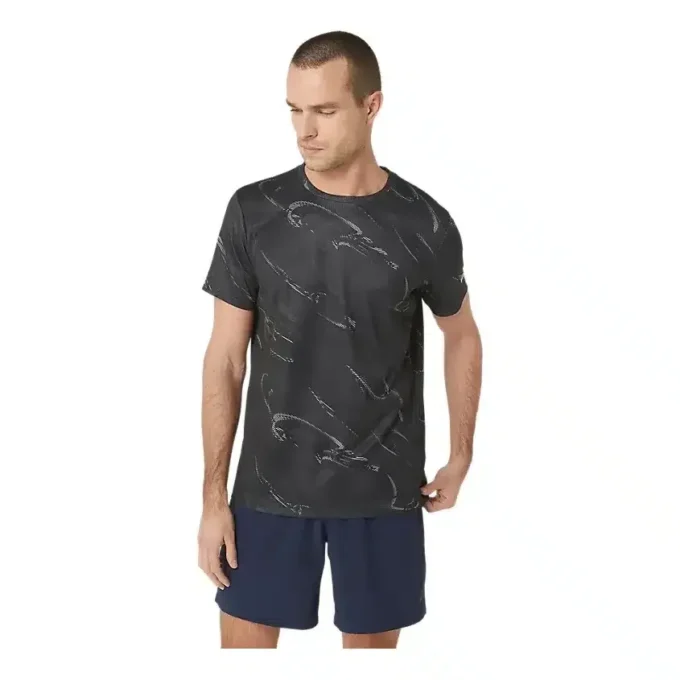 Kurzarm-Oberteil mit Suminagashi-Motiv „Graphite Grey“