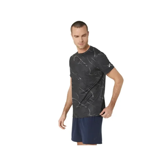Kurzarm-Oberteil mit Suminagashi-Motiv „Graphite Grey“