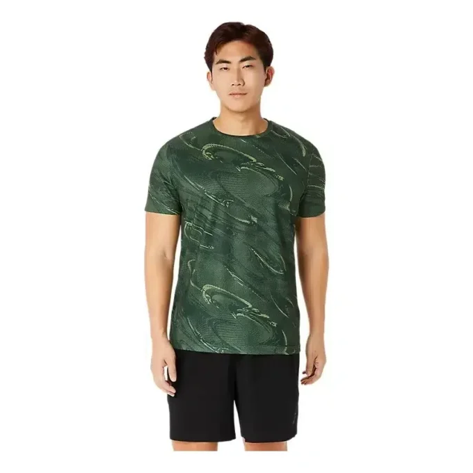 Kurzarm-Oberteil mit Suminagashi-Motivdruck „Serpentine Green“